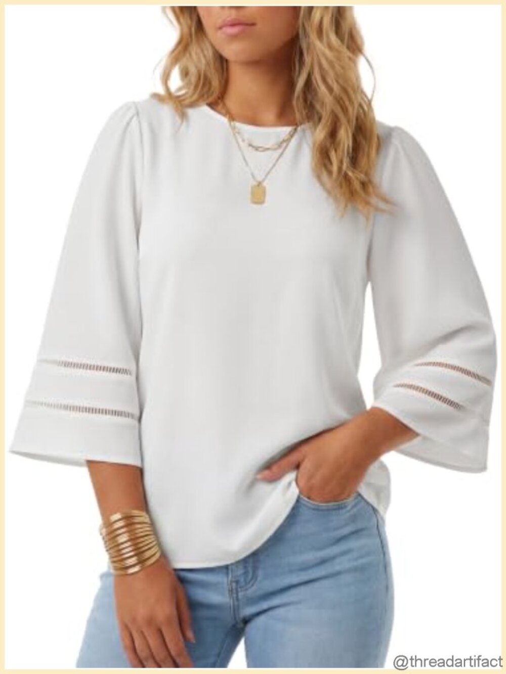 Women's Round Neck 3/4 Bell Sleeve Tunic Top Lace Blouse